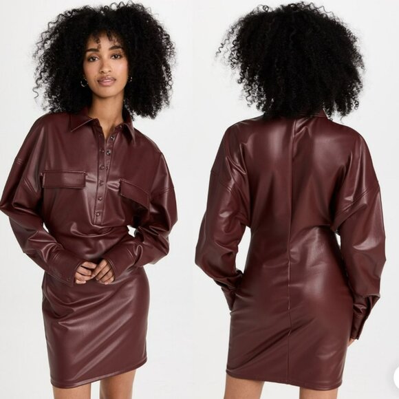 NEW Lapointe Stretch Faux Leather Mahogany Brown Button Front Collar Mini Dress - Picture 2 of 15